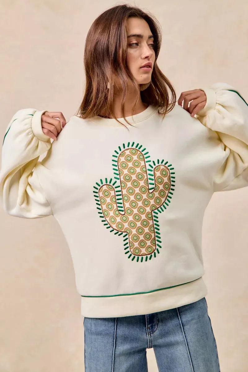 BiBi Cactus Embroidered Fleece Sweatshirt by BiBi