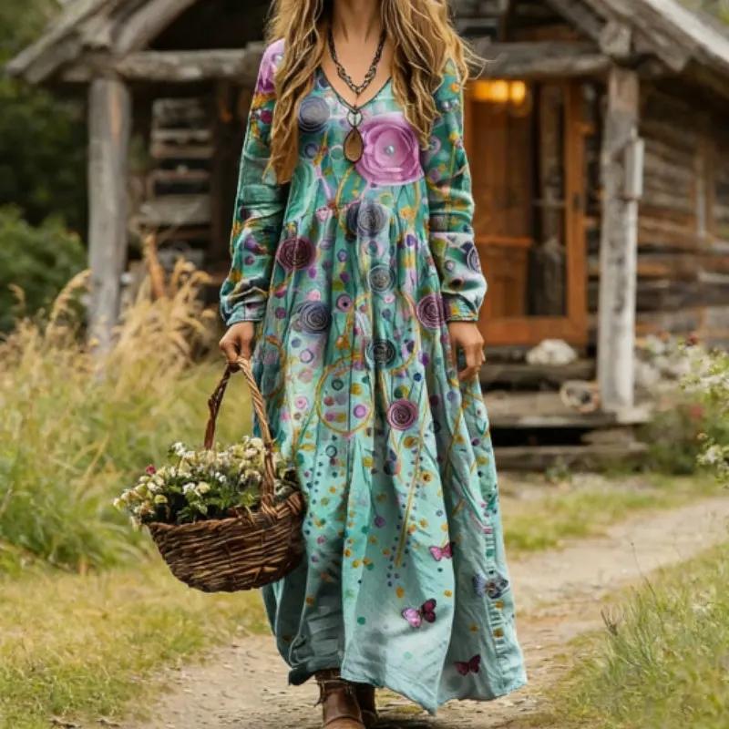 Boho Floral Butterfly Print V-Neck Long-Sleeve Maxi Dress by Anybestbuy Store