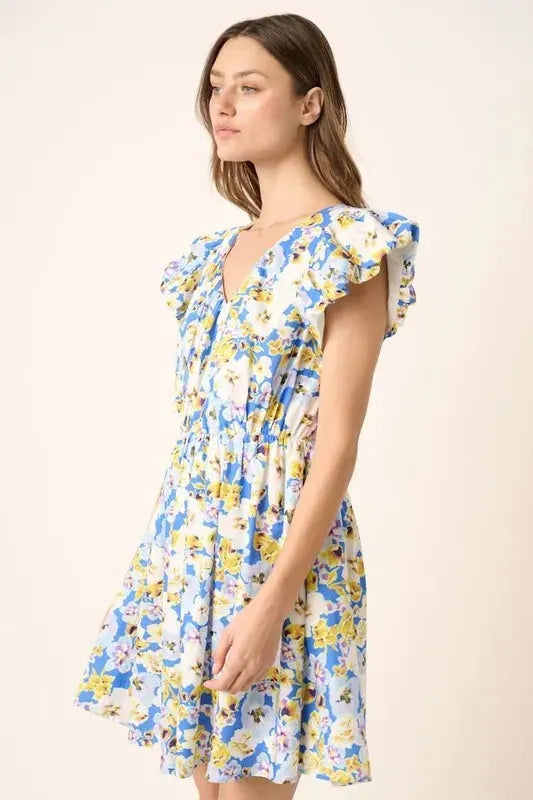 Mittoshop Floral V-Neck Cap Sleeve Mini Dress by Mittoshop