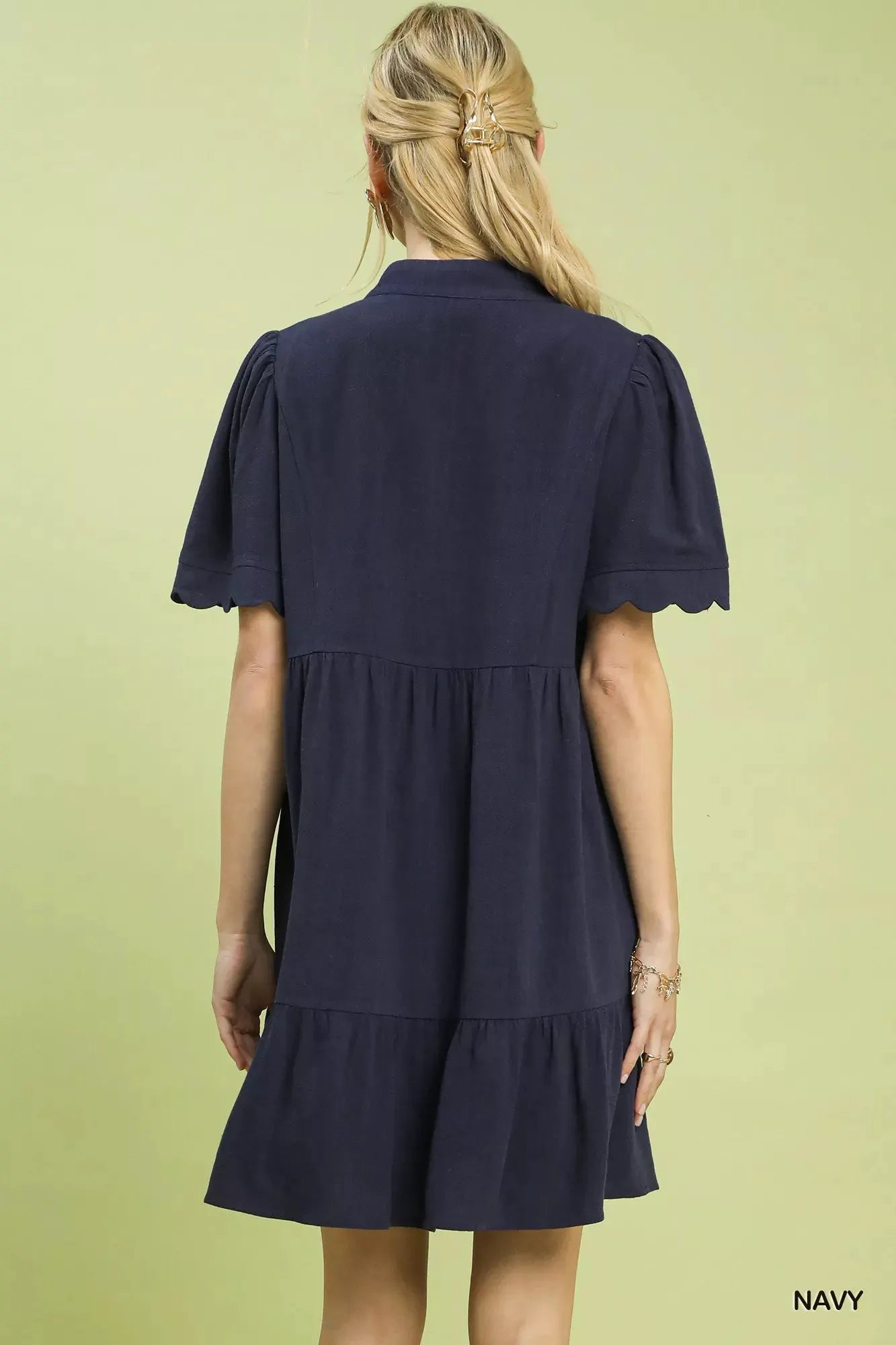 Umgee Linen Tiered Babydoll Dress with Scalloped Sleeves by Umgee