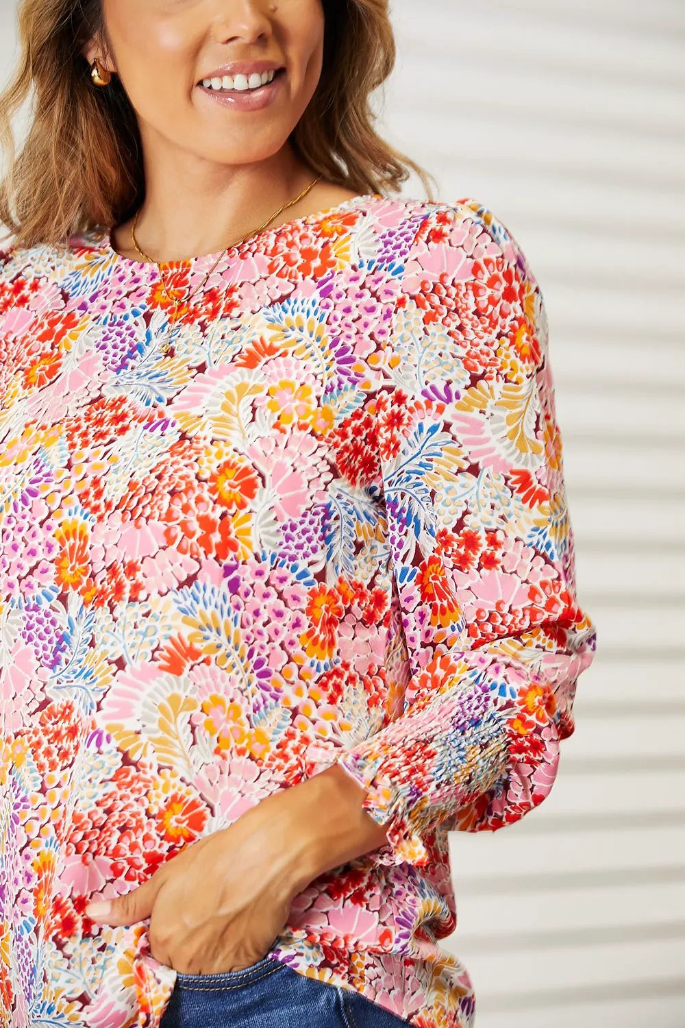 Double Take Floral Print Long Puff Sleeve Blouse by Double Take