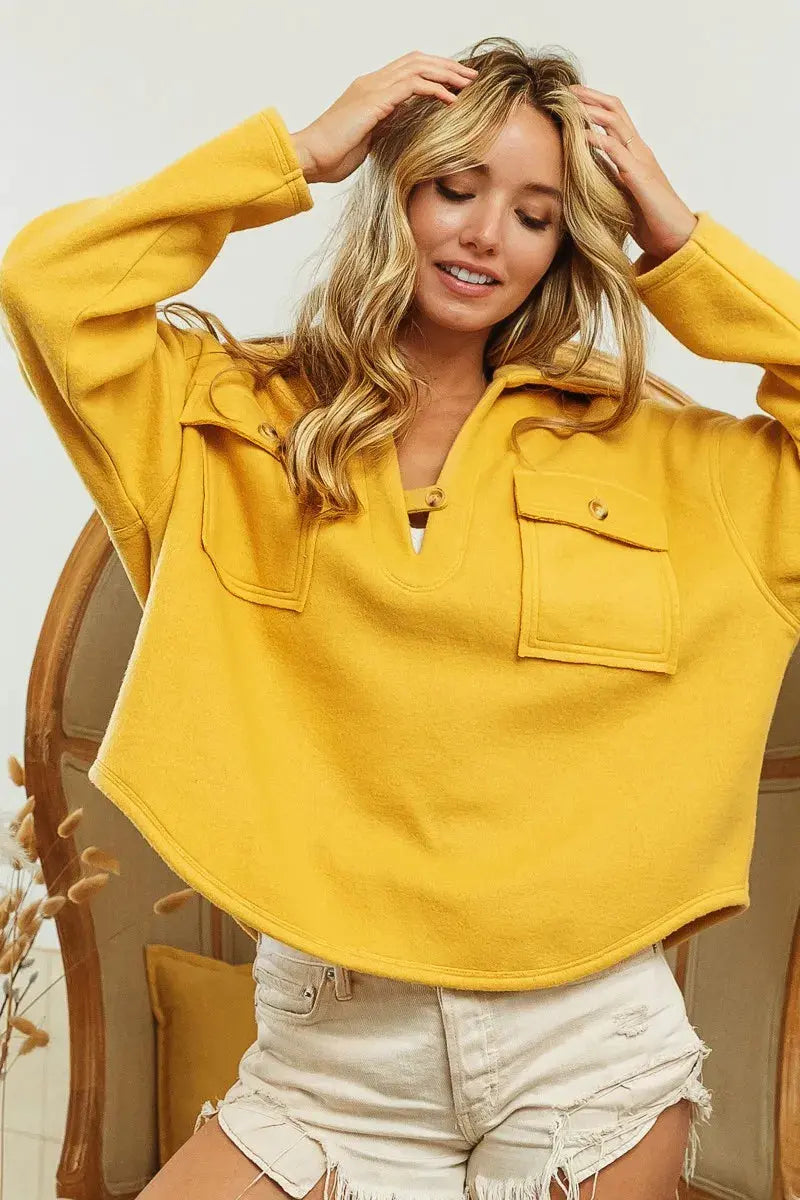 BiBi Flap Pockets Fleece Collared Sweatshirt by BiBi