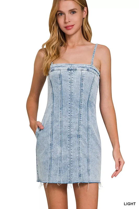 Zenana Spaghetti Strap Exposed Seam Light-Wash Dress by Zenana