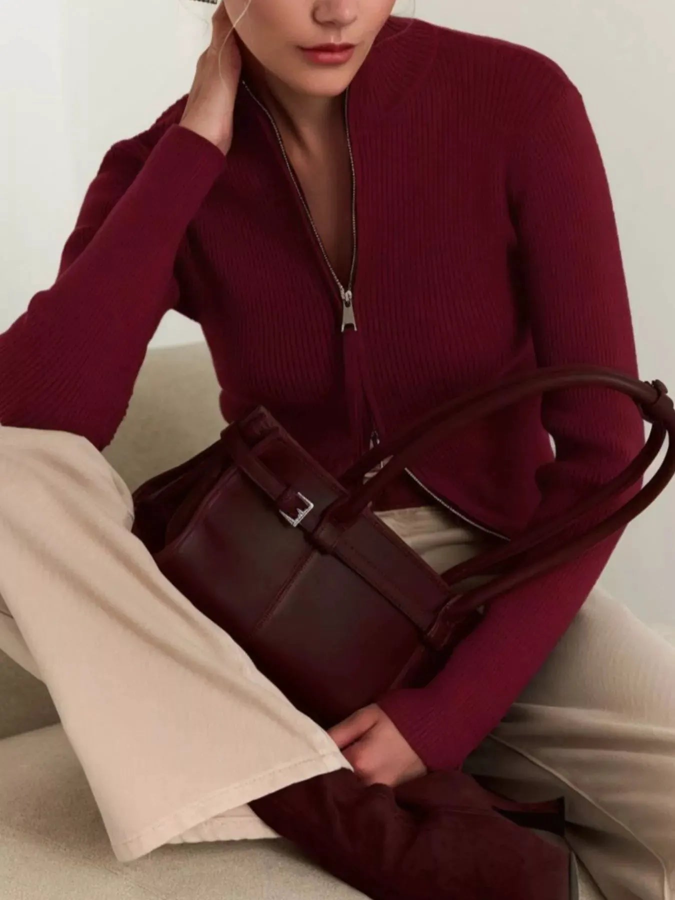 Ribbed Knit Zip-Up Cardigan by Partner Label