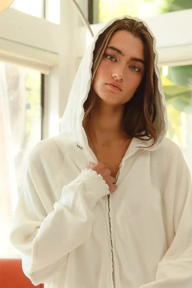 BiBi Waffle Thermal And Terry Mix Washed Zip Up Hoodie by BiBi