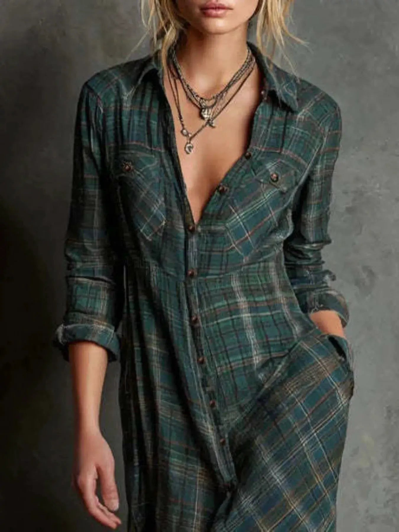 Plaid Button Front Maxi Shirt Dress by Partner Label