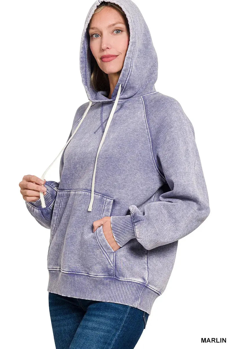 Zenana Acid Wash Fleece Hoodie with Kangaroo Pocket by Zenana