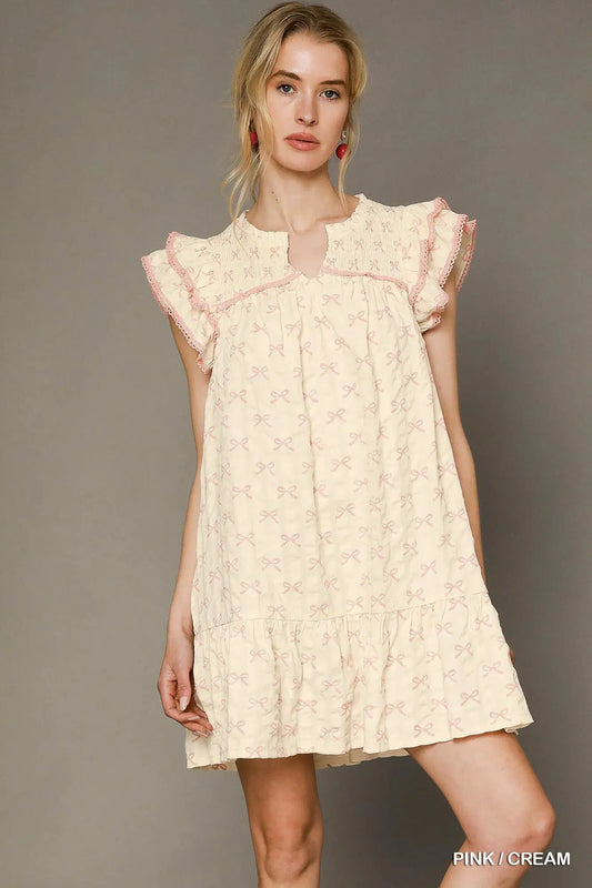 Umgee Bow Print Ruffled Cap Sleeve Mini Dress by Umgee