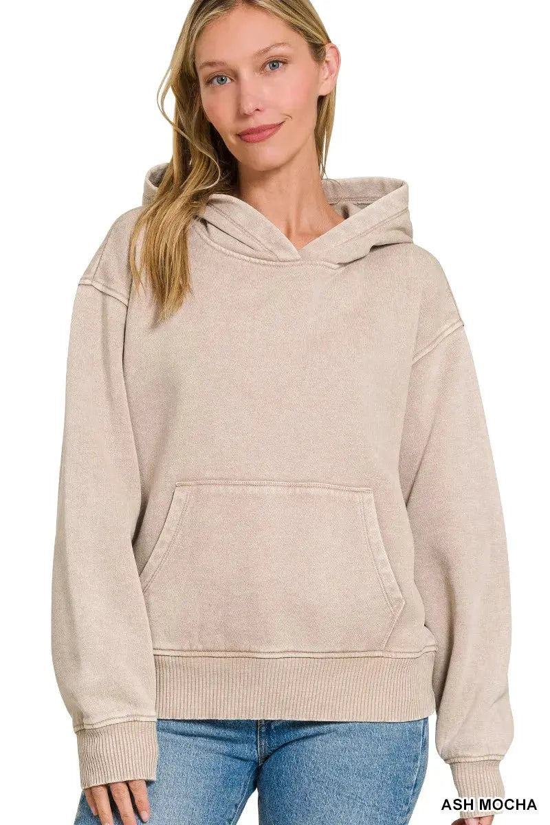 Zenana Fleece Acid Wash Kangaroo Pocket Hoodie by Zenana