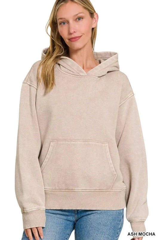 Zenana Fleece Acid Wash Kangaroo Pocket Hoodie by Zenana