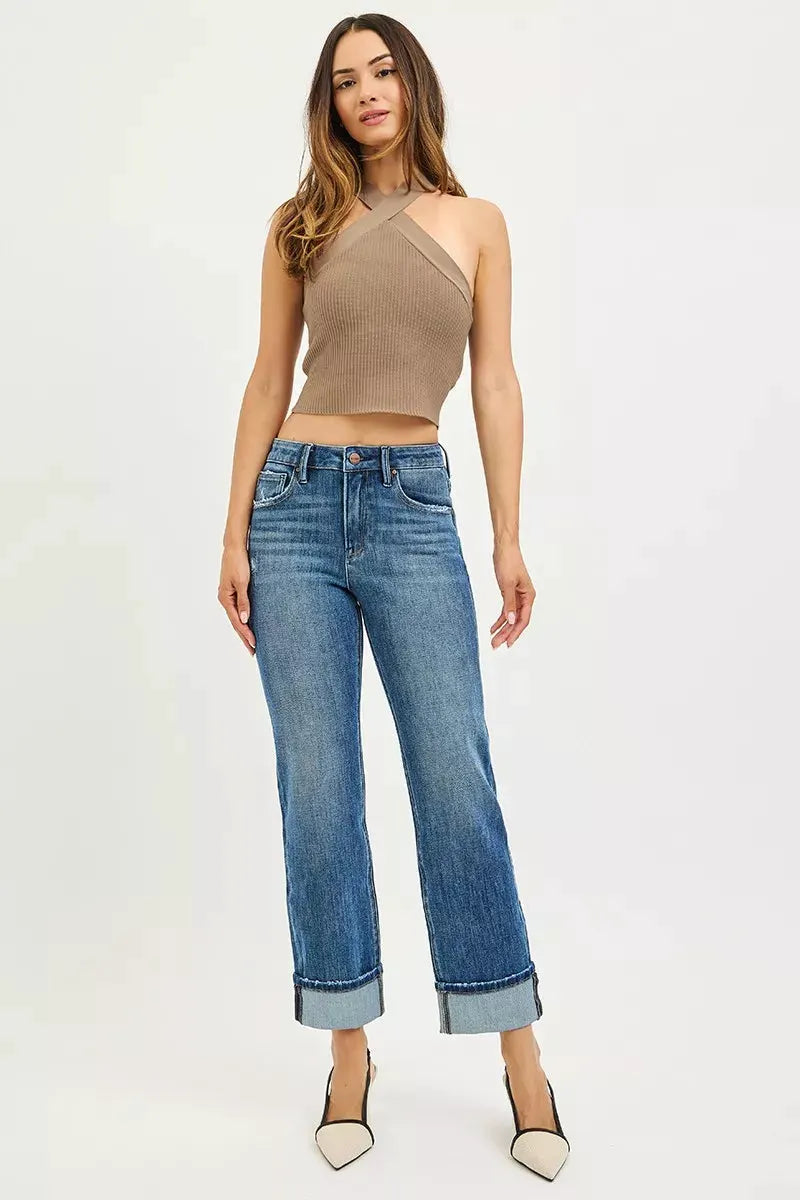 RISEN Full Size 4 Way Stretch Slouchy Straight Jeans with Cuffed Hem Plus Size by RISEN