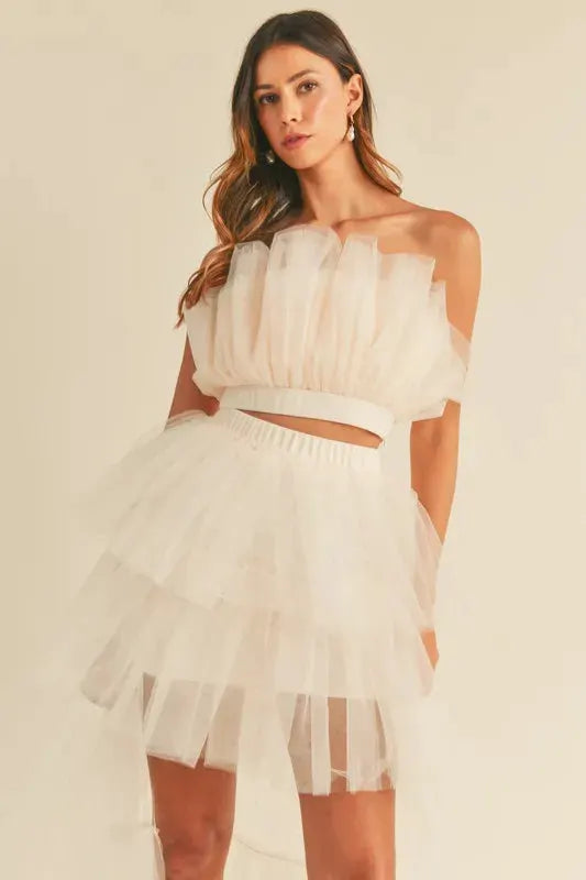 MABLE Tulle Tube Ruffle Crop Top and High Low Maxi Skirt Set by MABLE