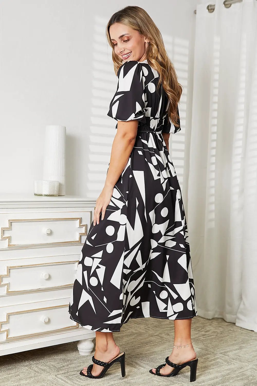 Printed Surplice Balloon Sleeve Dress by Partner Label
