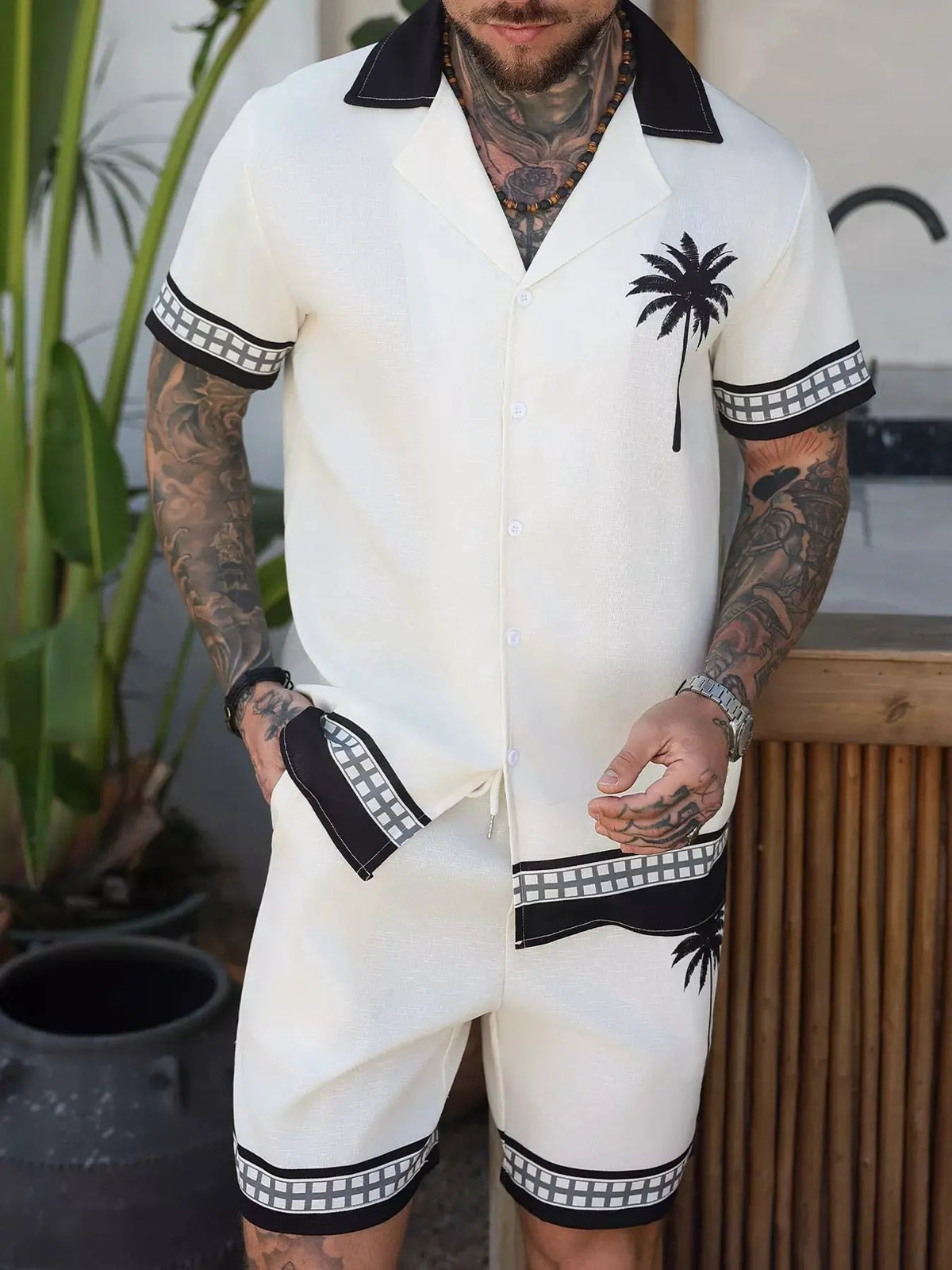 Men's Tropical Palm Tree Print Short Sleeve Shirt and Shorts Set by Trendsi