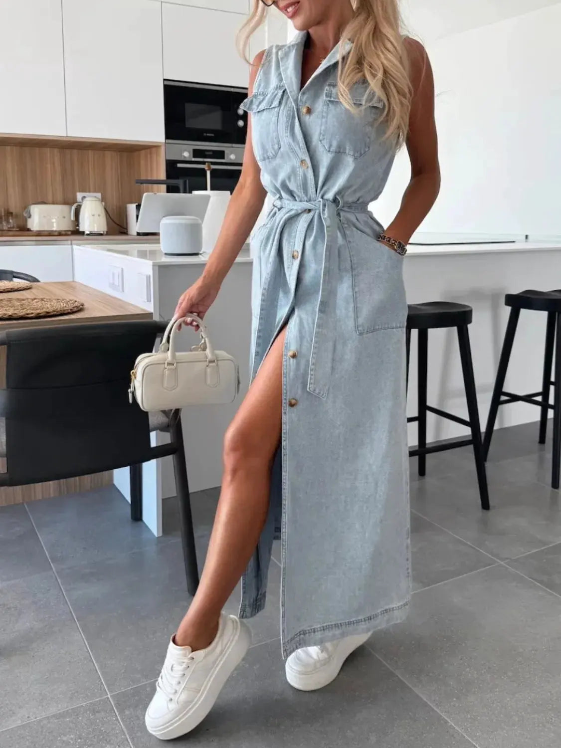 Button Front Sleeveless Denim Dress by Partner Label