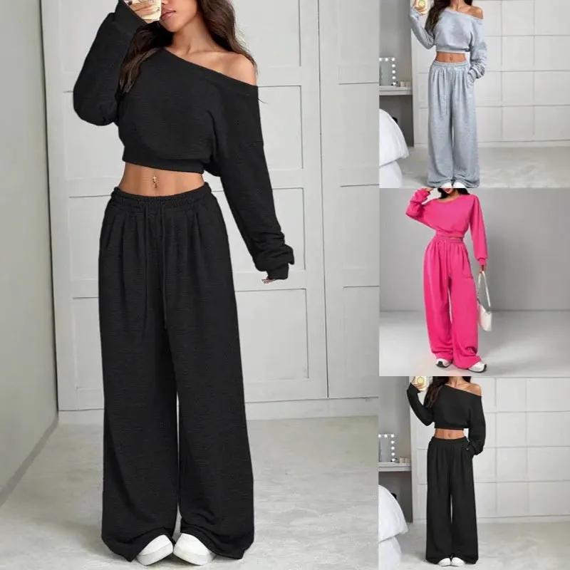Women's Fashion Slim-fit Off-the-shoulder Navel Solid Color Casual Pants Suit by Maiden-Art
