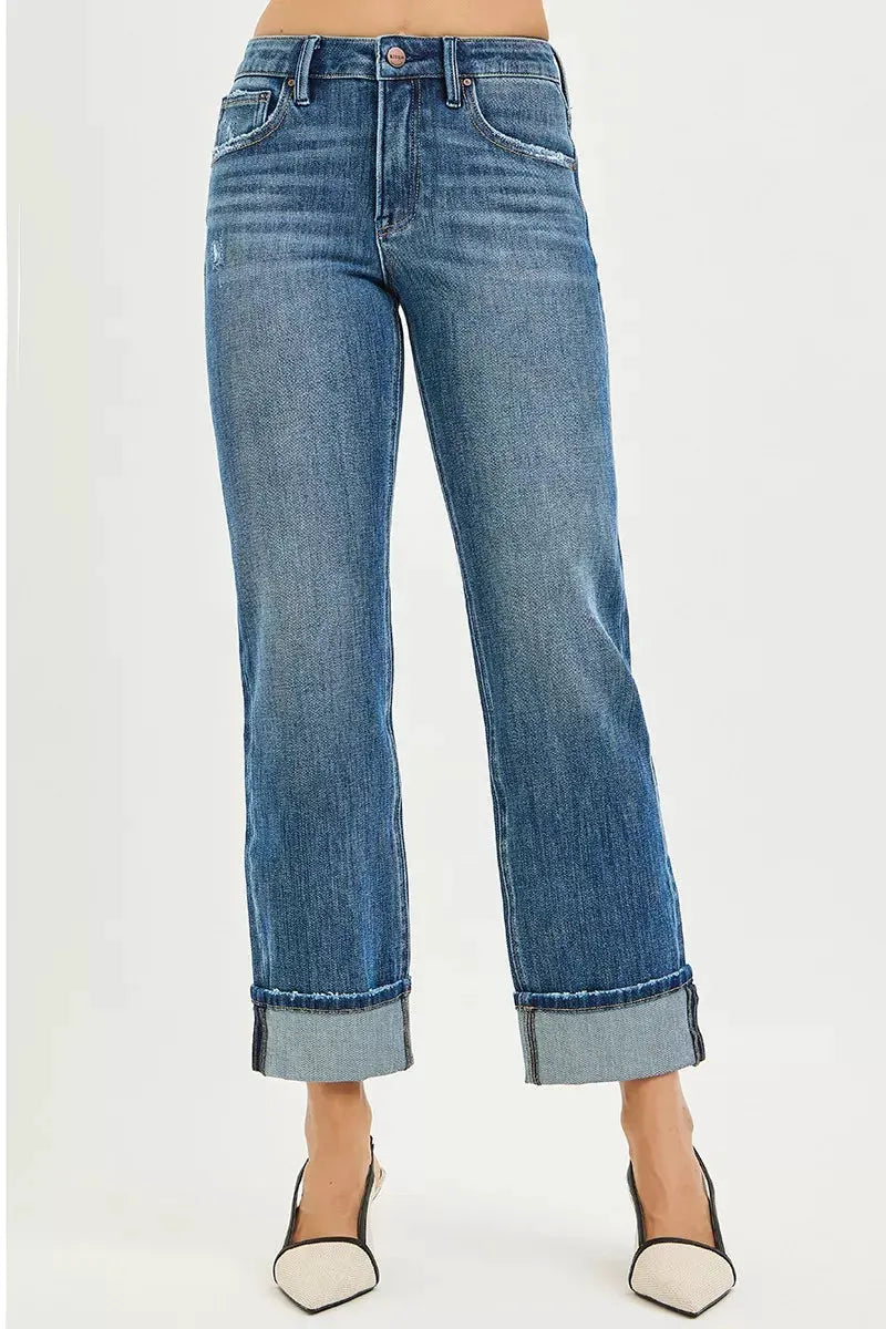 RISEN Full Size 4 Way Stretch Slouchy Straight Jeans with Cuffed Hem Plus Size by RISEN