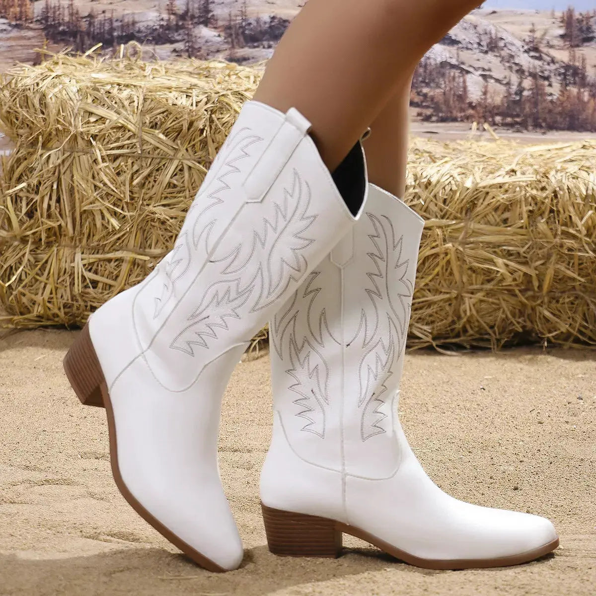 Embroidered Point Toe Block Heels Boots by Partner Label