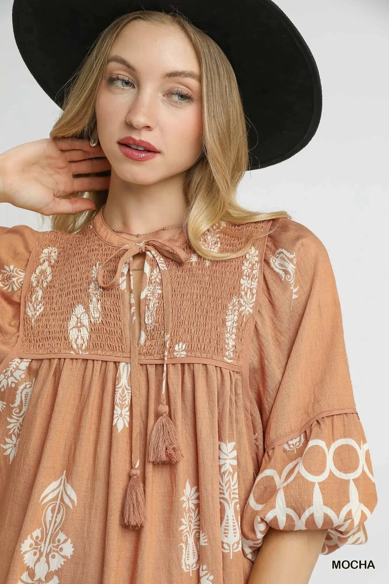 Umgee Boarder Print Tassel Tie Neck Mini Dress by Umgee