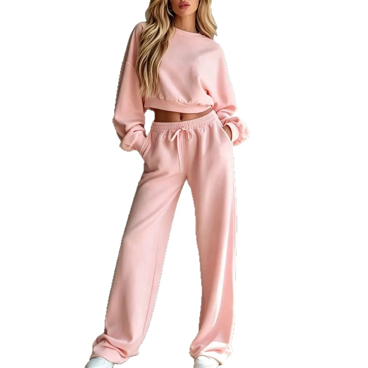 Womens Casual Short Hooded Sweatshirt And Wide-leg Pants Set by Maiden-Art