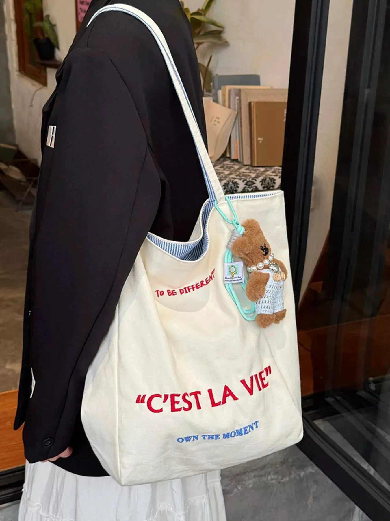 Letter Embroidered Canvas Shoulder Bag by Partner Label