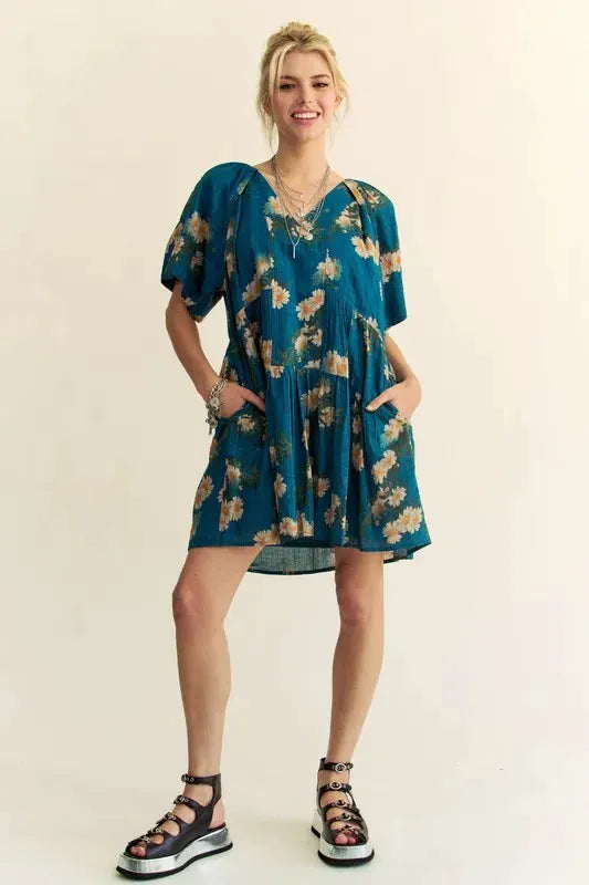 Davi & Dani Floral Print Short Bell Sleeve Pleated Mini Dress by Davi & Dani