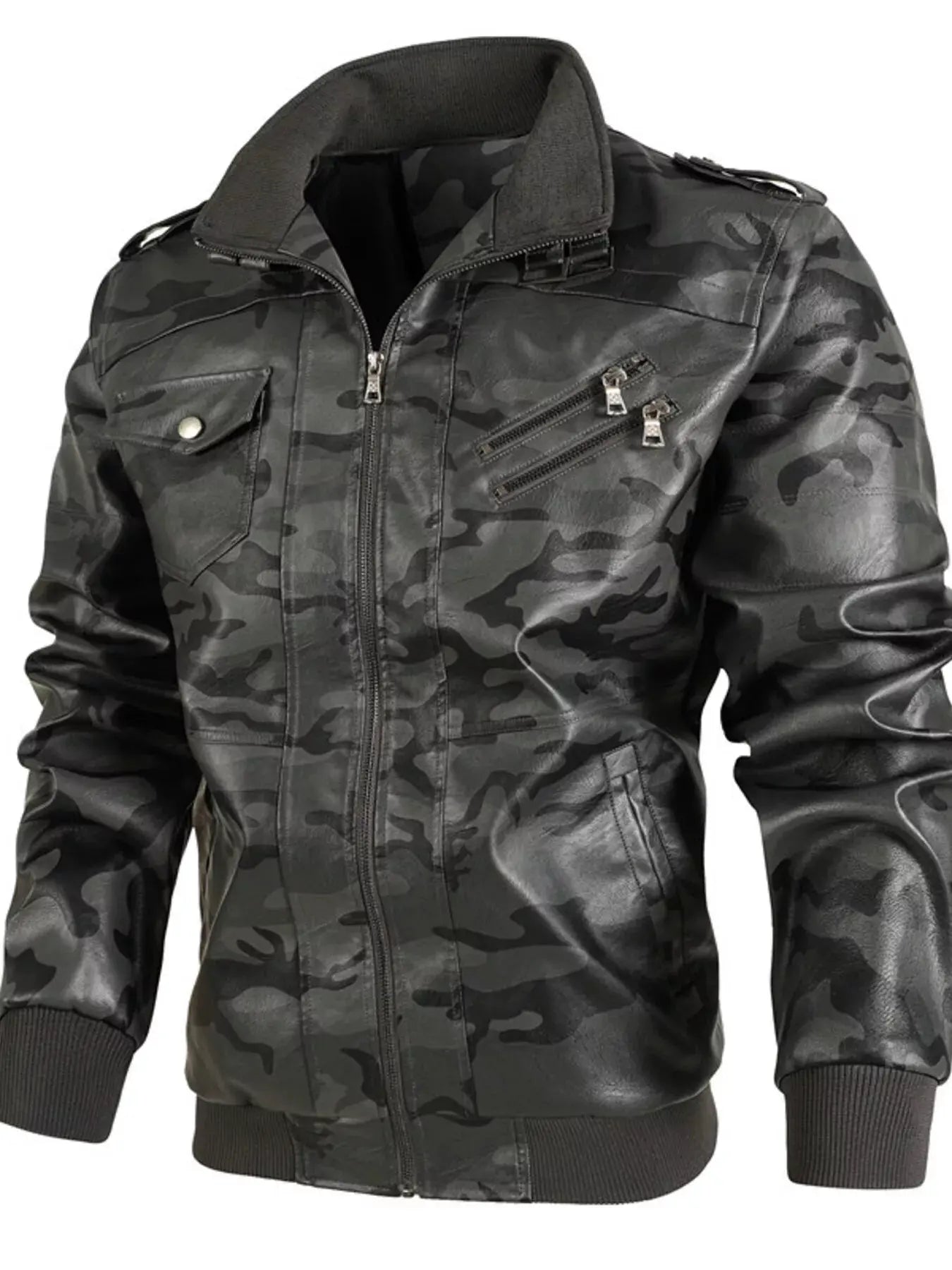 Men's Full Size Zip Up Camouflage Faux Leather Jacket Plus Size by Partner Label
