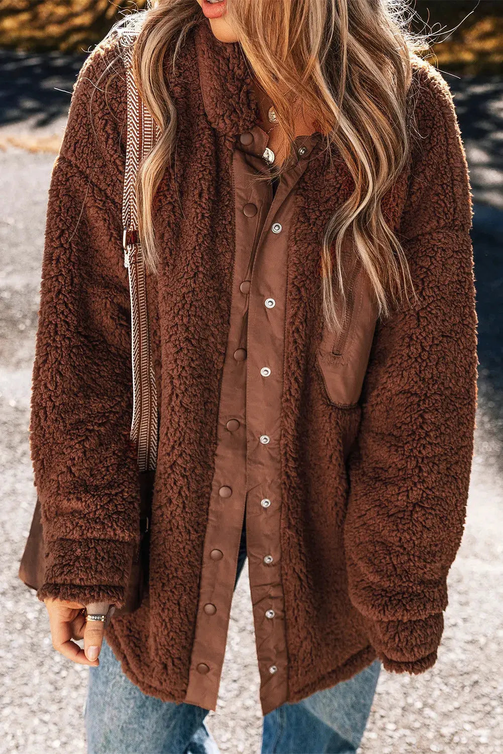 Fuzzy Snap Down Dropped Shoulder Jacket by Partner Label