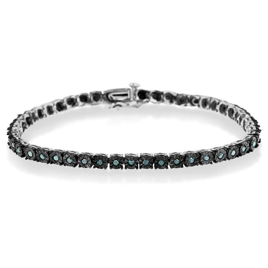Black Rhodium Plated .925 Sterling Silver 1.0 Cttw Diamond Miracle Tennis Bracelet (Enhanced Blue Color, I3 Clarity) - 7"-0
