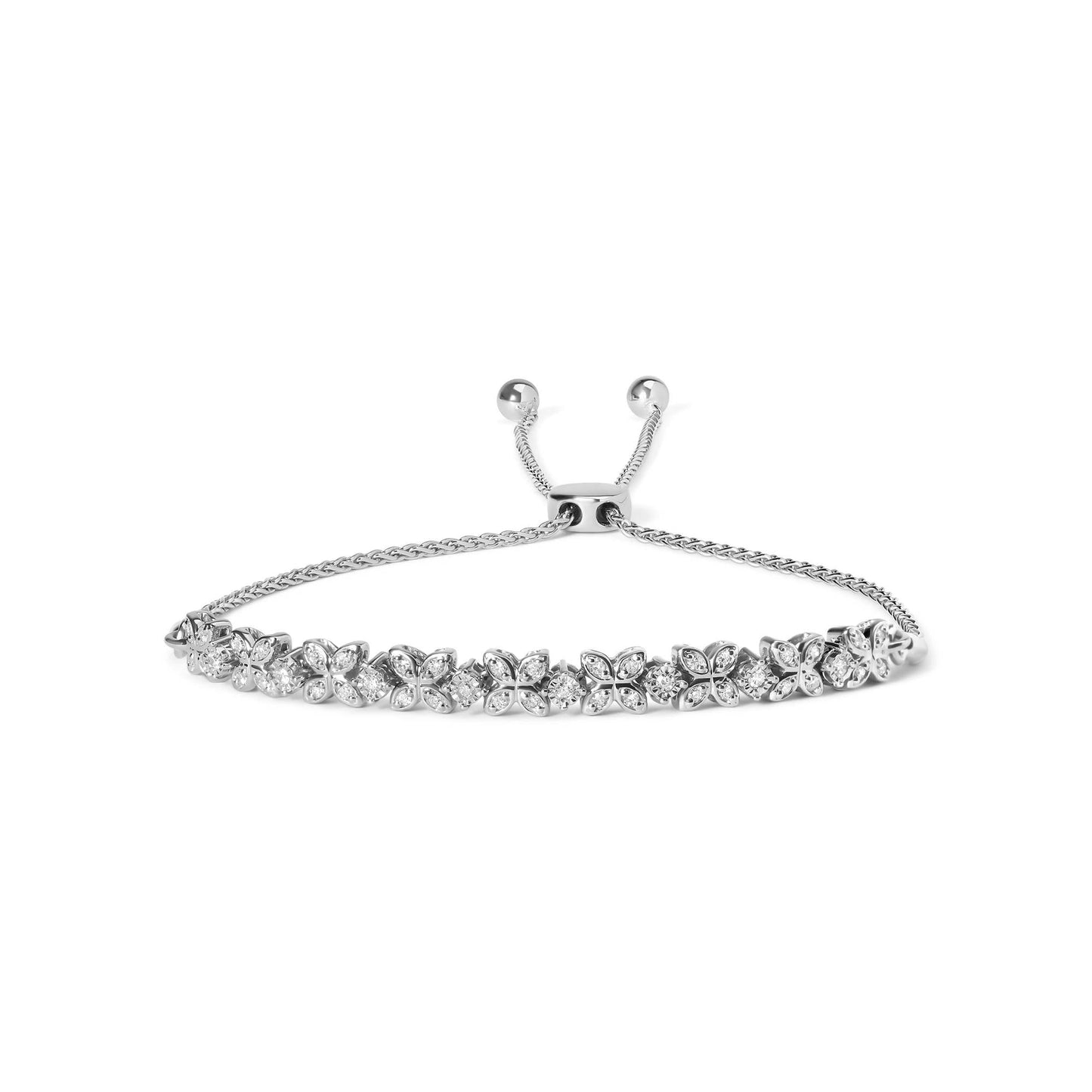 .925 Sterling Silver 1/4 Cttw Diamond Marquise Shaped Link 4"-10" Adjustable Bolo Bracelet (I-J Color, I1-I2 Clarity)-0
