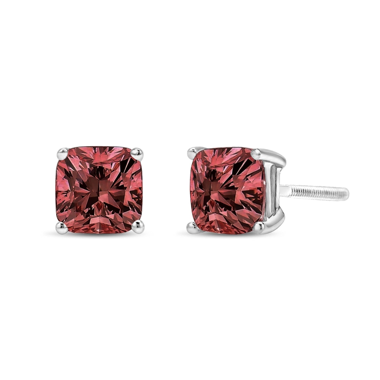 14K White Gold Lab Grown Pink Cushion 4-Prong Set Classic Diamond Solitaire Stud Earrings (Pink Color, VS1-VS2 Clarity)-0