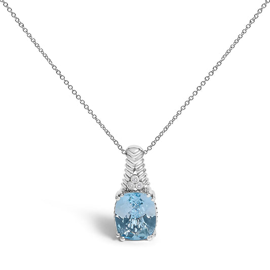 .925 Sterling Silver Blue Topaz and Diamond Accent Textured Pendant Necklace - 18" Inches-0