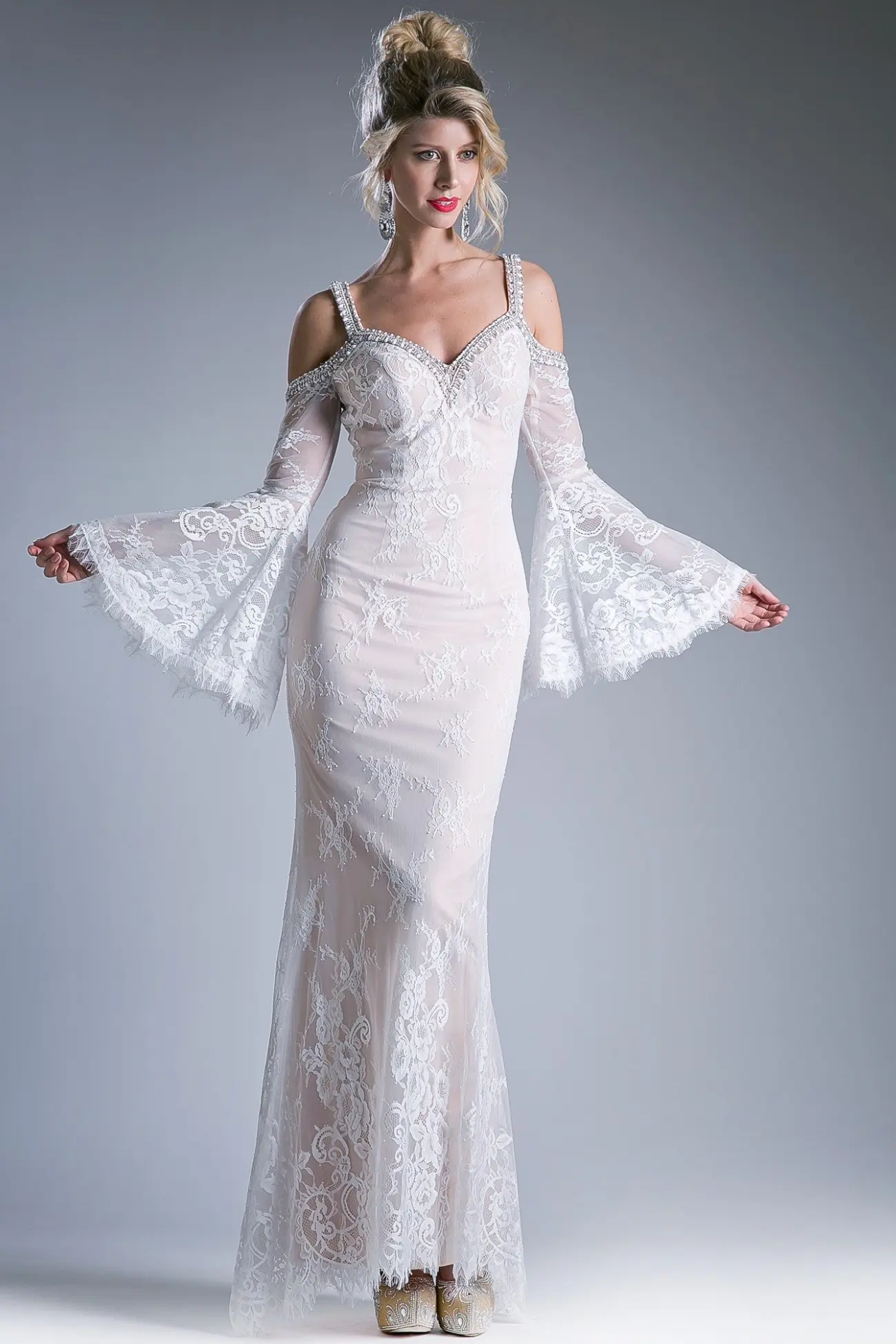 Lace Dress With Floral Patterns and V-Neckline by Tux-USA