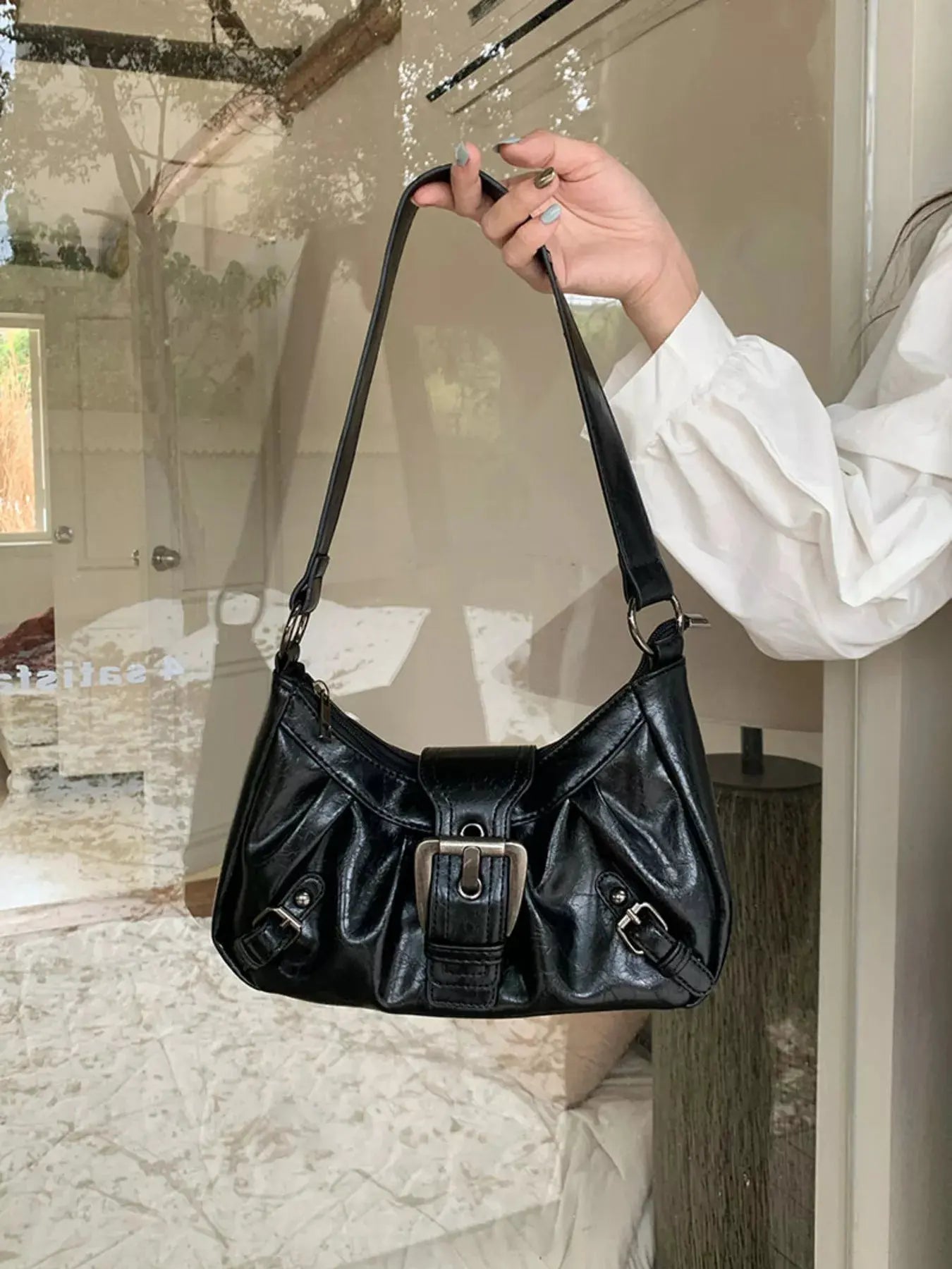 Buckle Decor Ruched Shoulder Bag by Partner Label