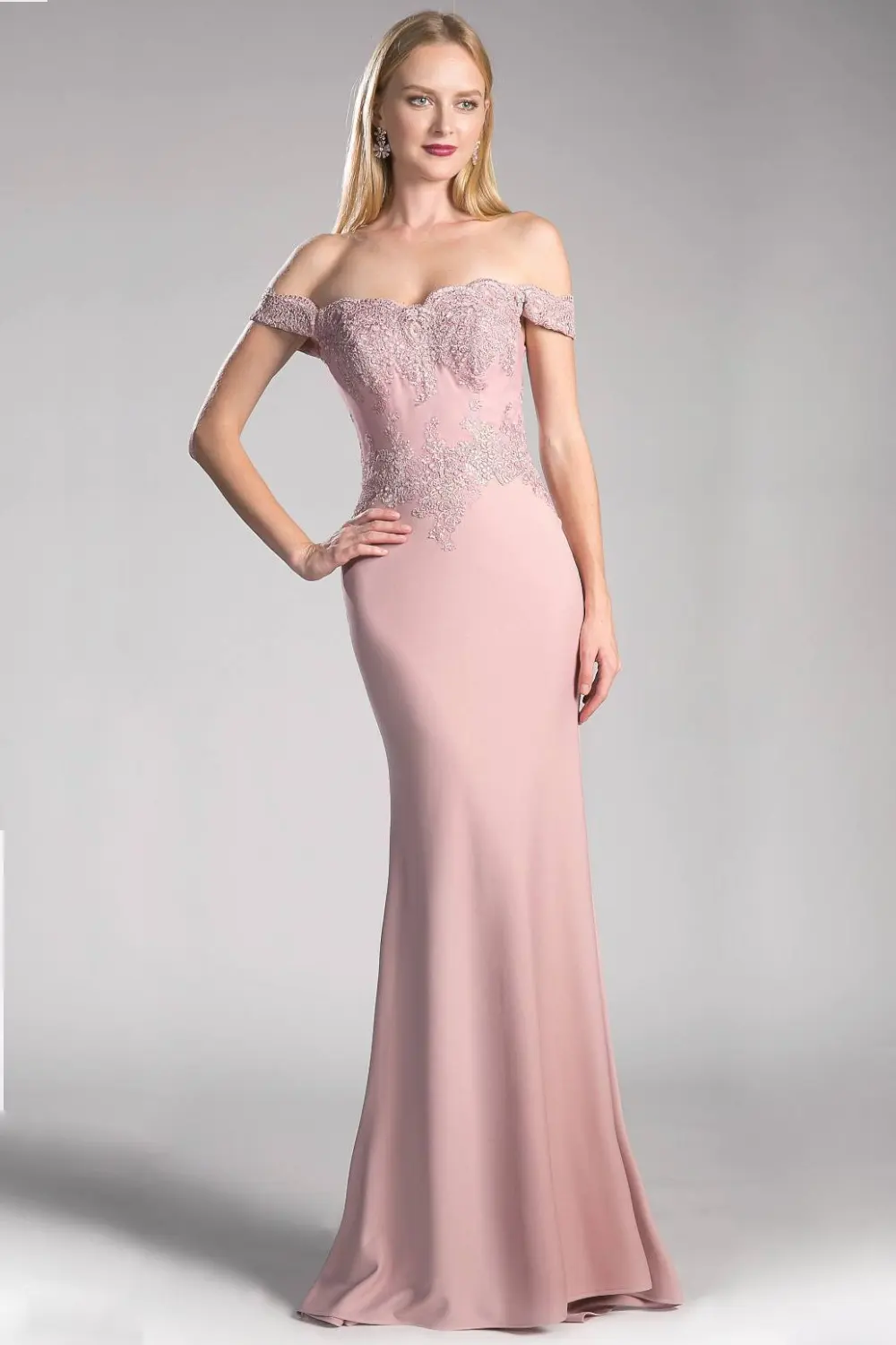 Off the Shoulder Fitted Gown with Lace Applique Details and Stretch Jersey by Tux-USA