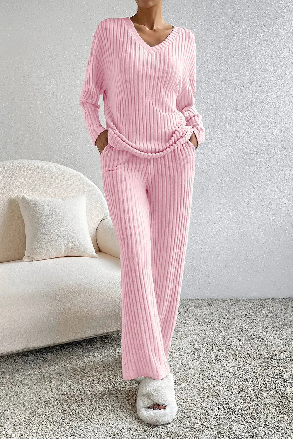 Ribbed V-Neck Top and Pants Lounge Set by Partner Label
