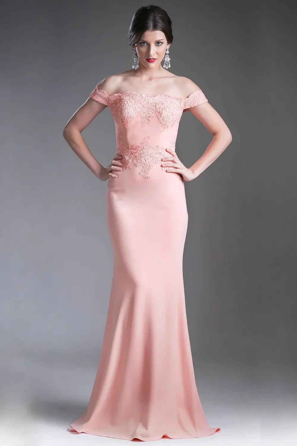 Off the Shoulder Fitted Gown with Lace Applique Details and Stretch Jersey by Tux-USA
