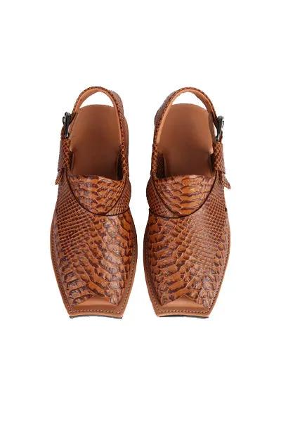 Eddie Men's Real Cow Leather Snake Print Peshawari Chappal Tan by Inland Leather