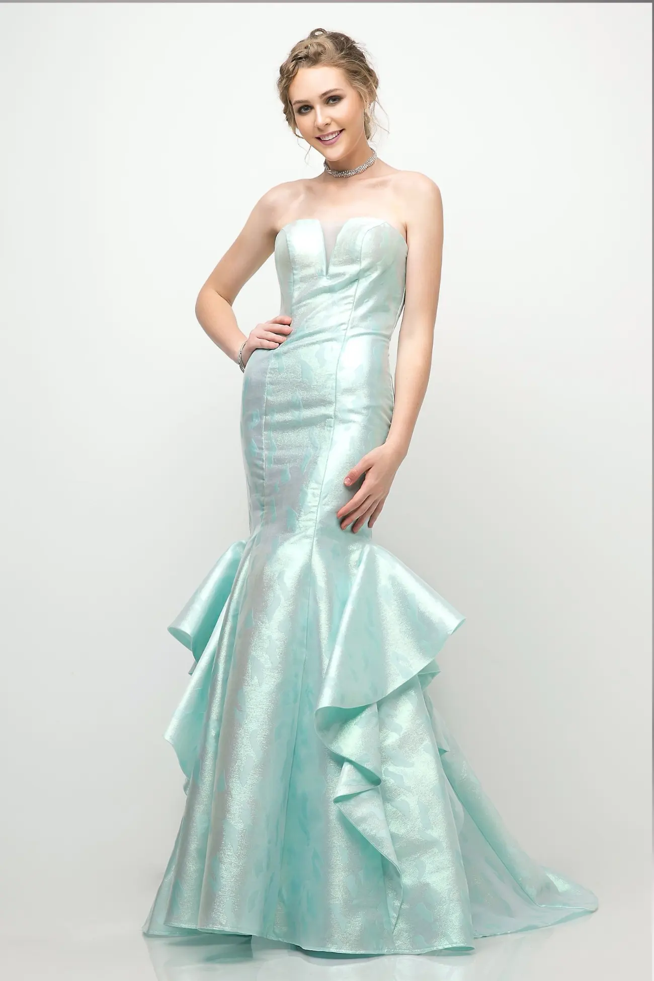 Strapless Jacquard Layered Mermaid Gown With V-Neckline and Train by Tux-USA