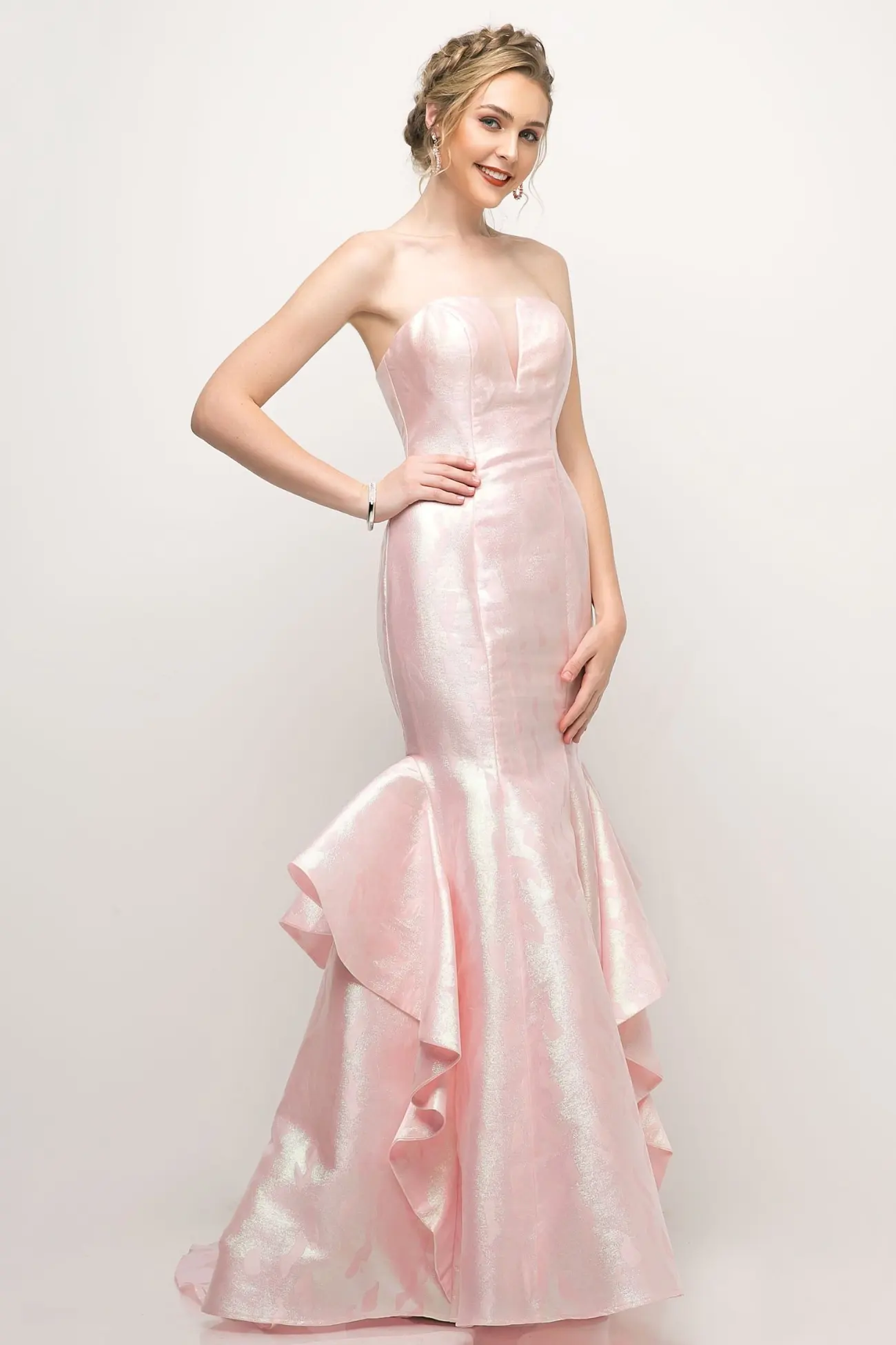 Strapless Jacquard Layered Mermaid Gown With V-Neckline and Train by Tux-USA