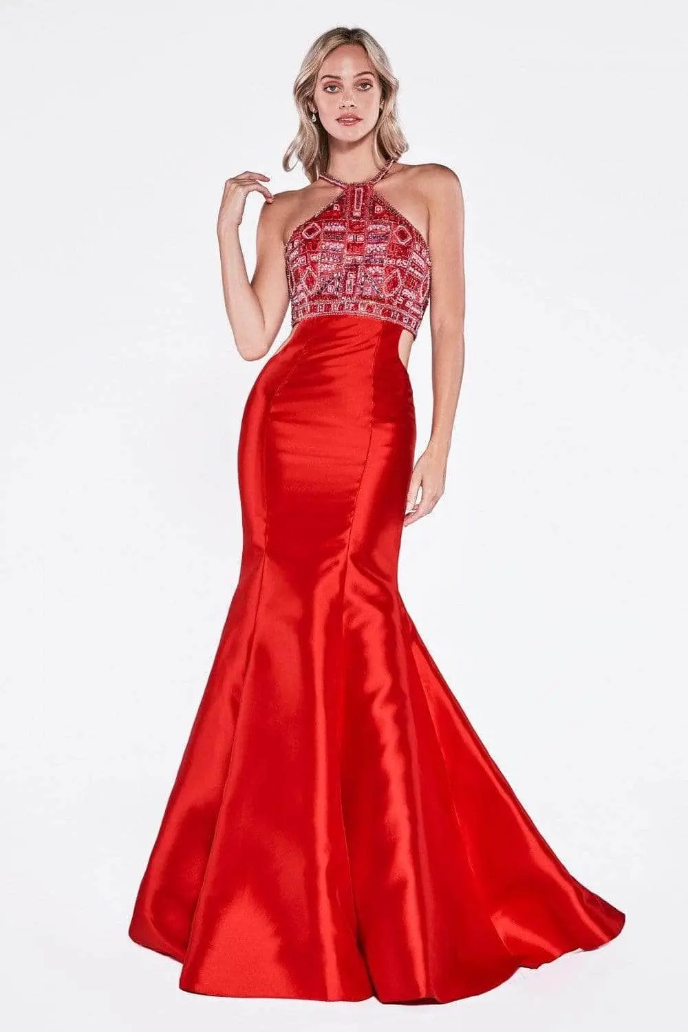 Fitted Mermaid Mikado Gown with Beaded Halter Neckline by Tux-USA