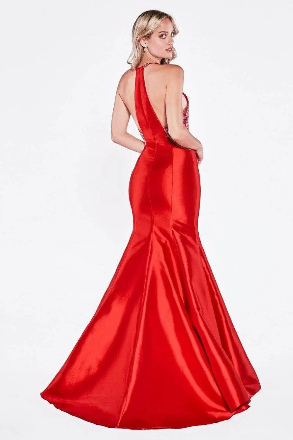 Fitted Mermaid Mikado Gown with Beaded Halter Neckline by Tux-USA
