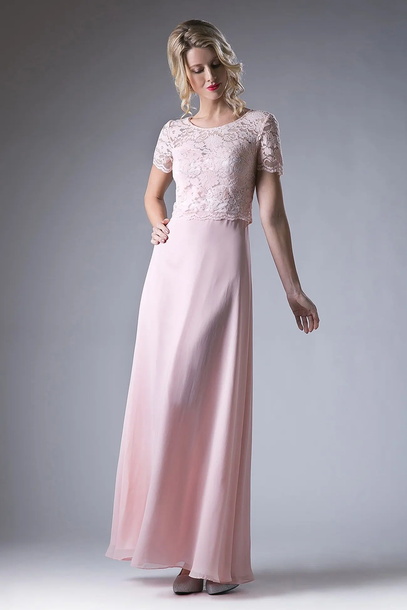 Long Chiffon Dress with Short Sleeves by Tux-USA