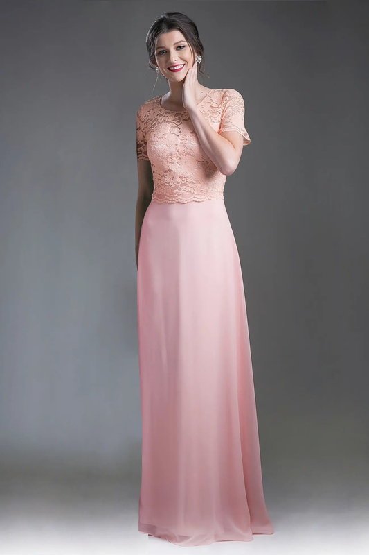 Long Chiffon Dress with Short Sleeves by Tux-USA