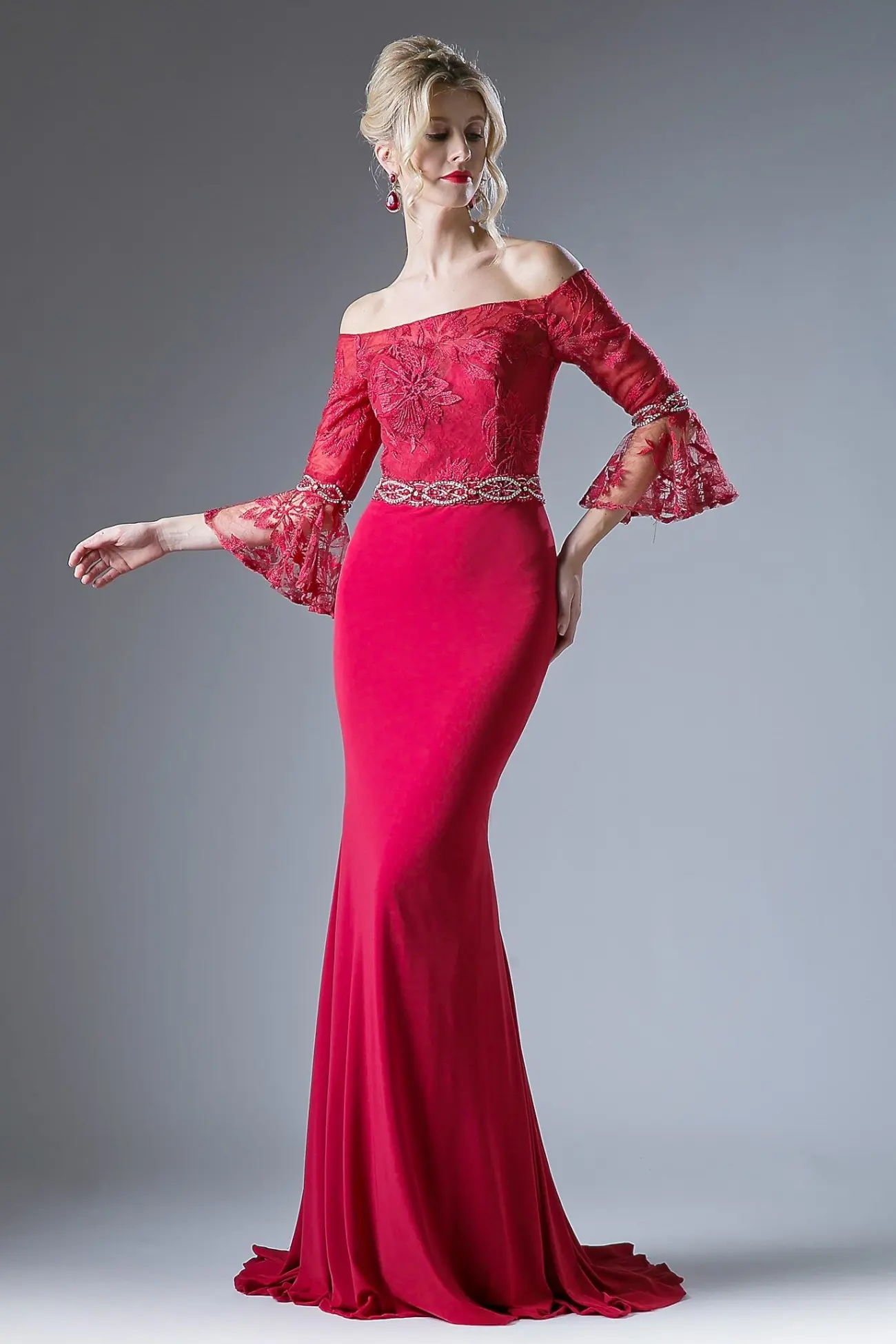 Beaded Belt Lace Bodice Stretch Knit Sheath Dress by Tux-USA