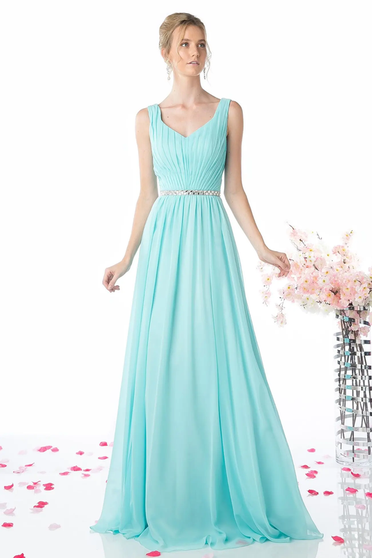 A-Line Chiffon Gown With V-Neckline and Beaded Belt by Tux-USA