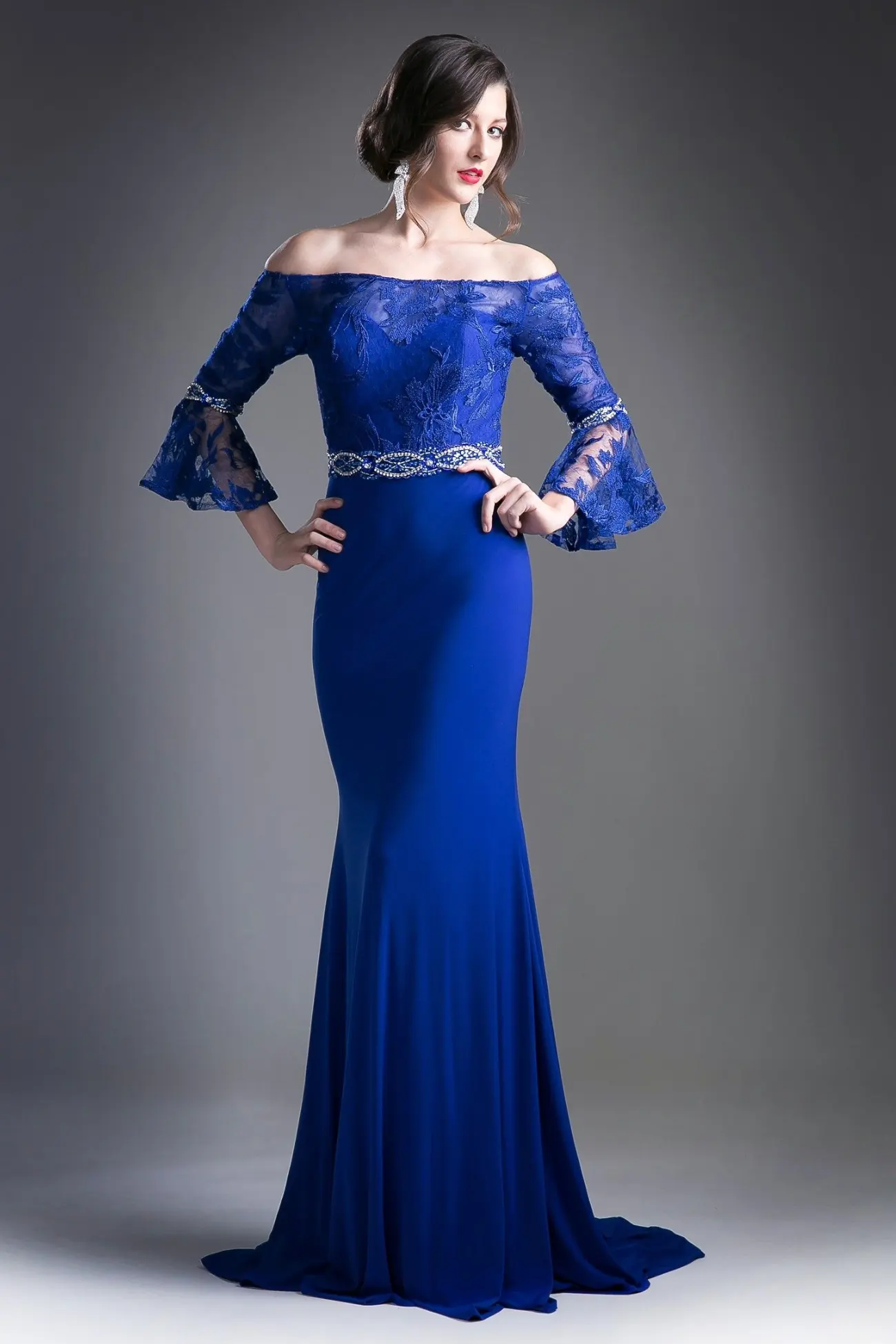 Beaded Belt Lace Bodice Stretch Knit Sheath Dress by Tux-USA