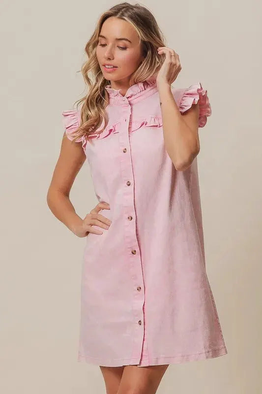 BiBi Washed Button Down Ruffled Cap Sleeve Denim Dress by Partner Label