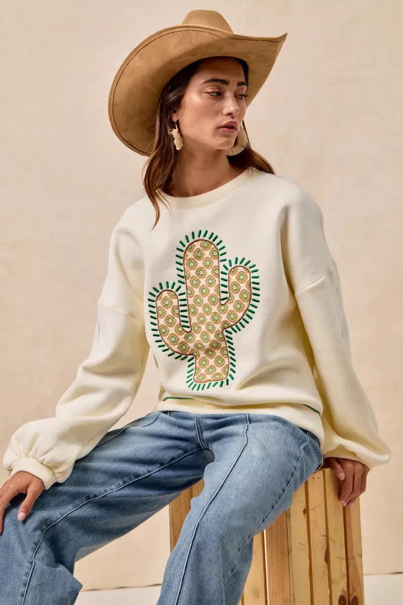 BiBi Cactus Embroidered Fleece Sweatshirt by BiBi