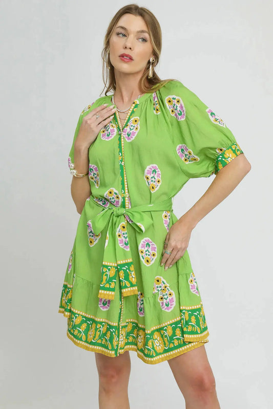 Umgee Floral Print Tie Waist Short Sleeve Dress by Umgee